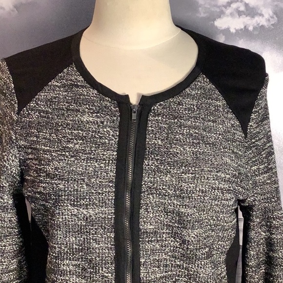 Eileen Fisher Black White Tweed Boucle’ Stretch Zip Front Sweater Jacket Sz M - Picture 2 of 11